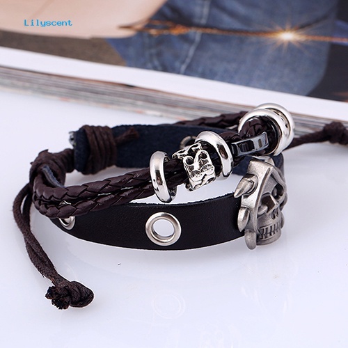 Lilyscent Pria /'s Wanita Fashion Punk Tengkorak Dikepang Kulit Imitasi Multilayer Handmade Gelang