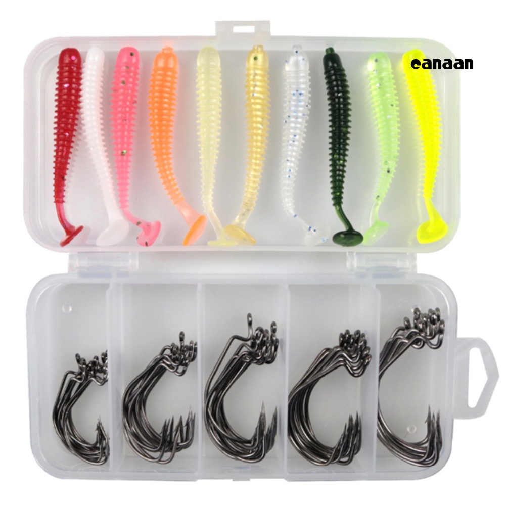 Cnn-60pcs Umpan Cacing Buatan T-Tail Soft Lure+Kait Ikan Fishing Tackle Dengan Box
