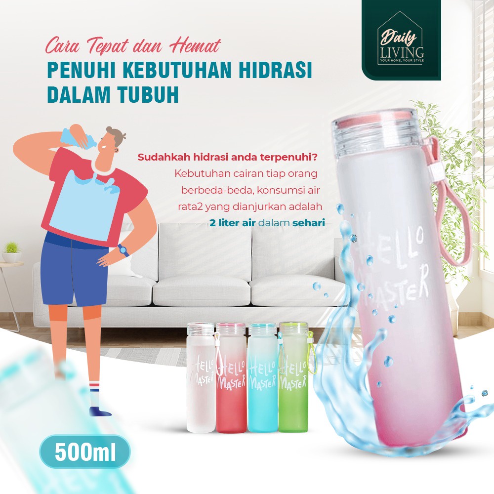 Botol Minum Kaca 500ml - Tumbler Hello Master Premium Daily Living