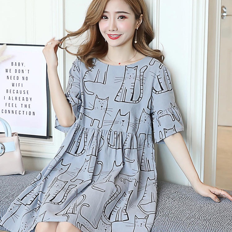 ilook | Dress Cat | Dress Korea Wanita Motif Kucing | Midi Korean Dress