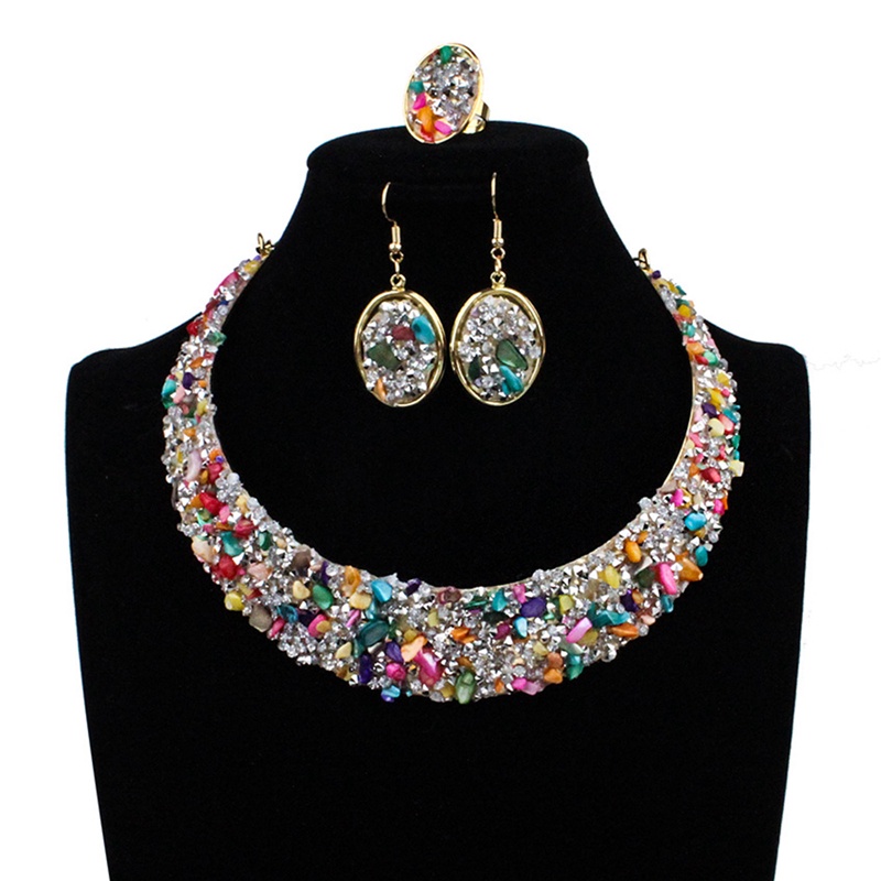 Temperamen Eropa Dan Amerika Perhiasan Pengantin Mengkilap Paduan Bertatahkan Berlian Penuh Perhiasan Pernikahan Kalung Cincin Anting Set