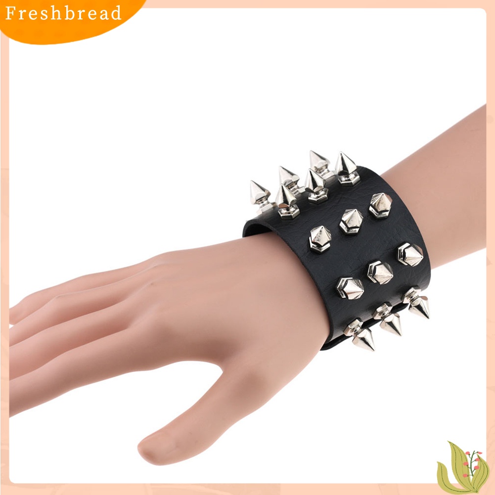 &lt; Freshbread &gt; Punk Triple Lines Stainless Steel Pointed Cone Rivet Gelang Bangle Kulit Imitasi