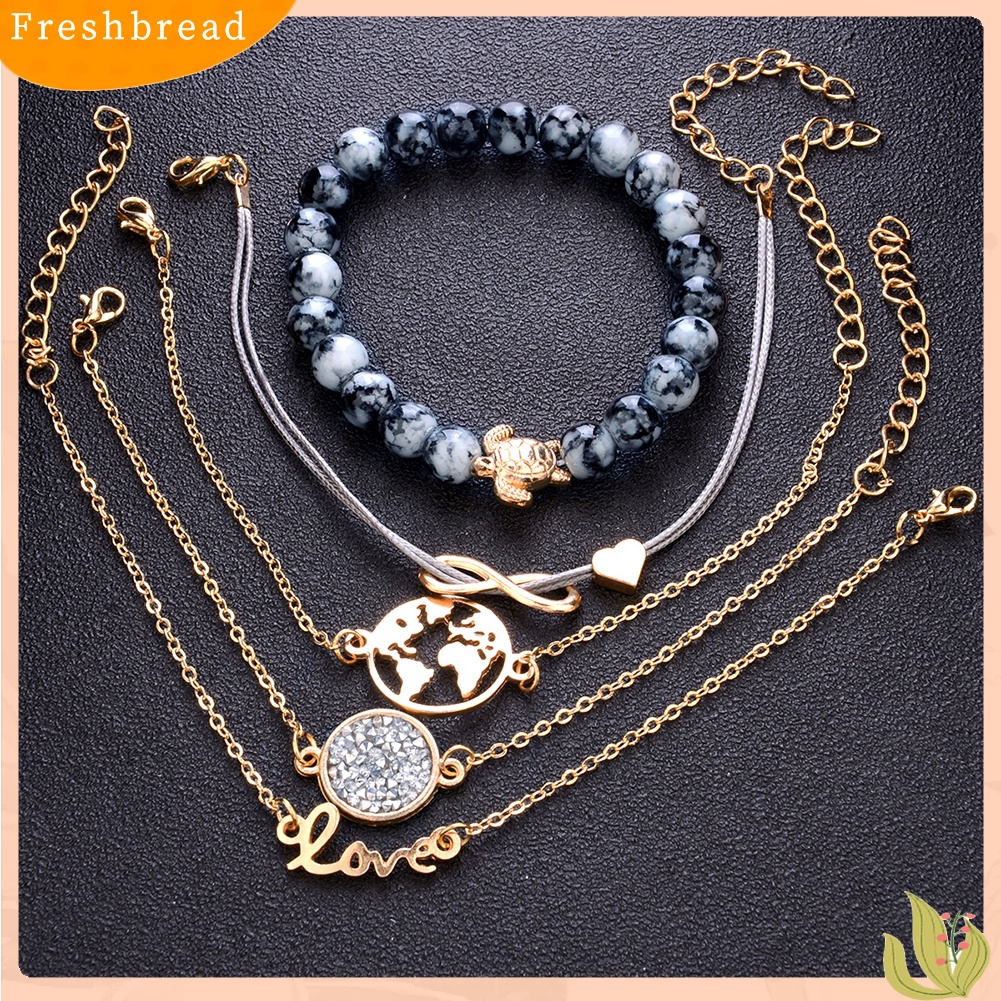 &lt; Freshbread &gt; 4/5Pcs Women Multi-Layer Beads Heart Leaf Chain Bracelet Set Pesta Perhiasan Hadiah