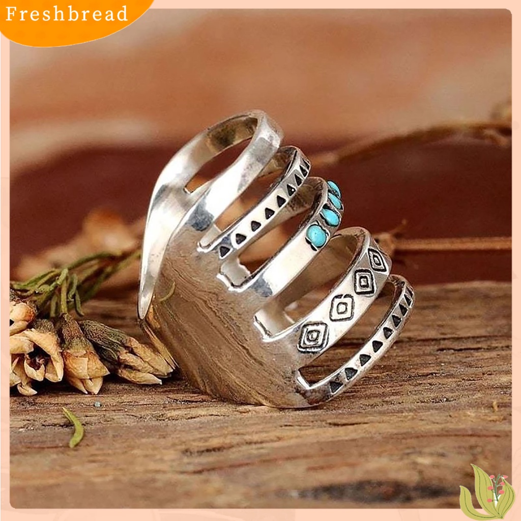 &lt; Freshbread &gt; Wanita Cincin Multilayer Lebar Pirus Dekorasi Simbol Pola Berongga Bohomia Bersama Cincin Perhiasan Aksesoris