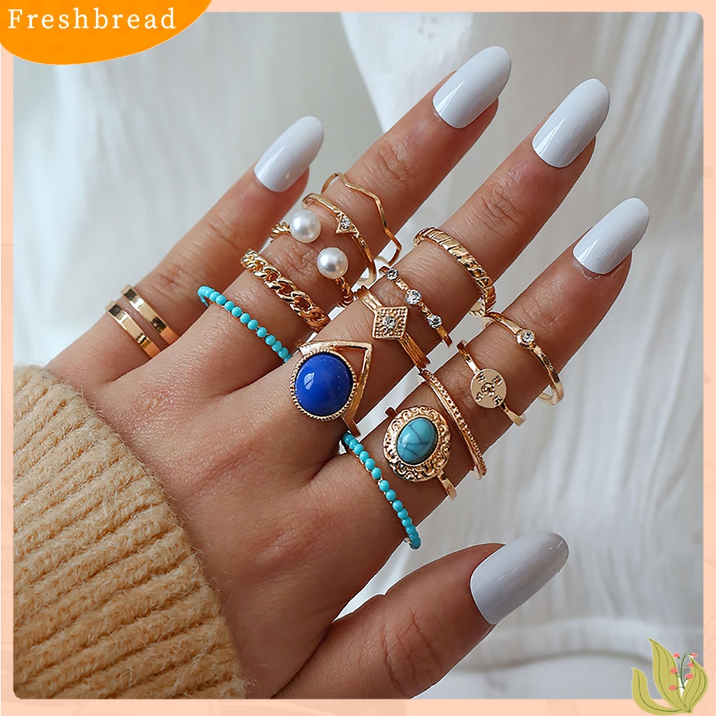 &lt; Freshbread &gt; 15 Pcs Turquoise Faux Pearls Decor Knuckle Rings Wanita Vintage Bersinar Jari Cincin Aksesoris Perhiasan