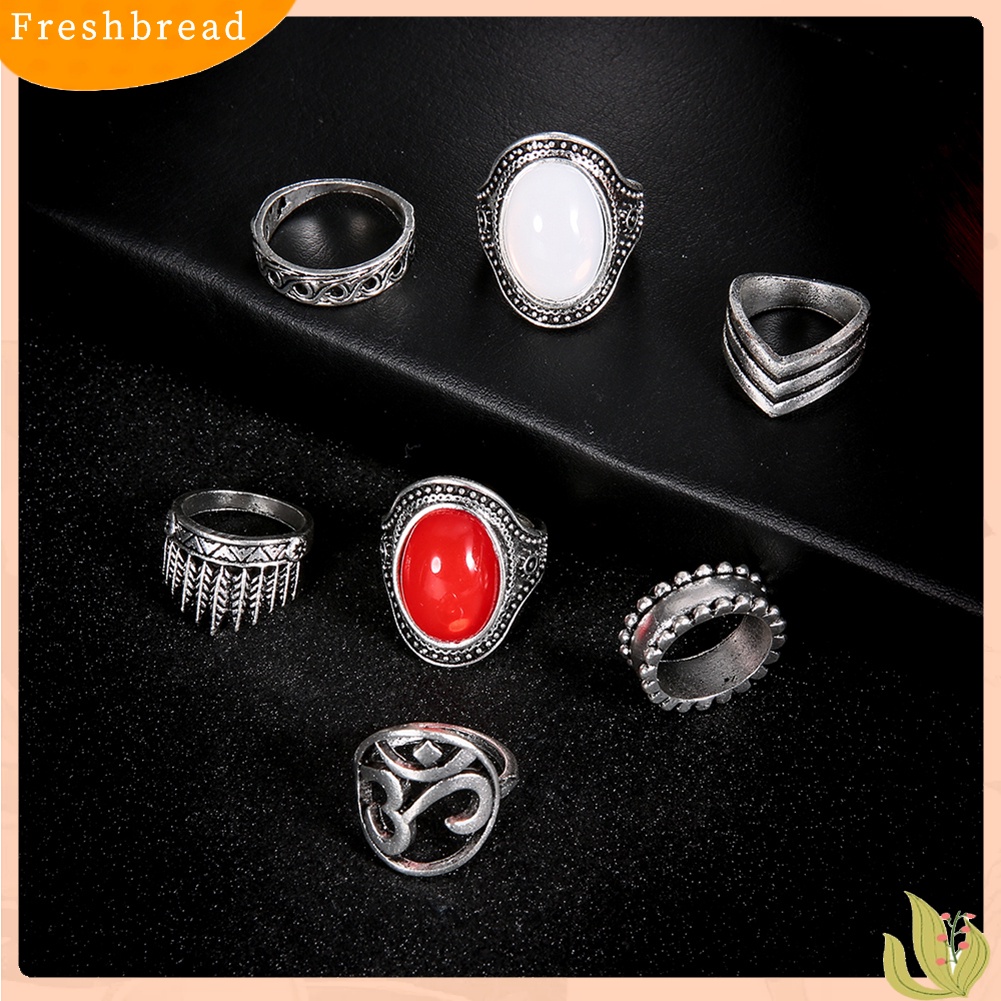 &lt; Freshbread &gt; 7Pcs/Set Boho Wanita Oval Yoga OM Knuckle Midi Susun Cincin Retro Perhiasan Hadiah