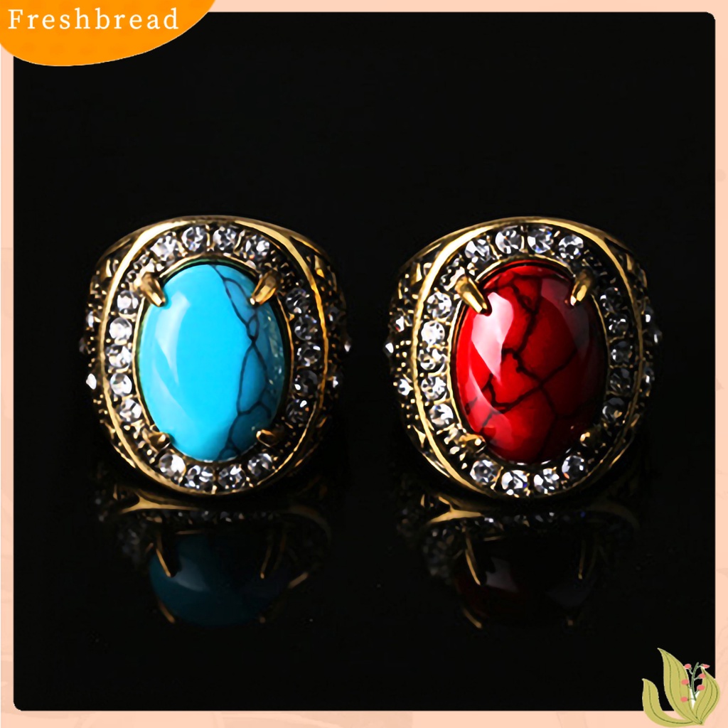 &lt; Freshbread &gt; Cincin Unisex Turquoise Hias Berlian Imitasi Retro Pria Wanita Perhiasan Cincin Untuk Pesta