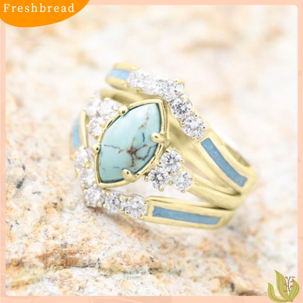< Freshbread > 3Pcs/Set Indah Permukaan Halus Pernikahan Band Alloy Berlian Imitasi Alami Turquoise Wanita Rings Charm Jewelry