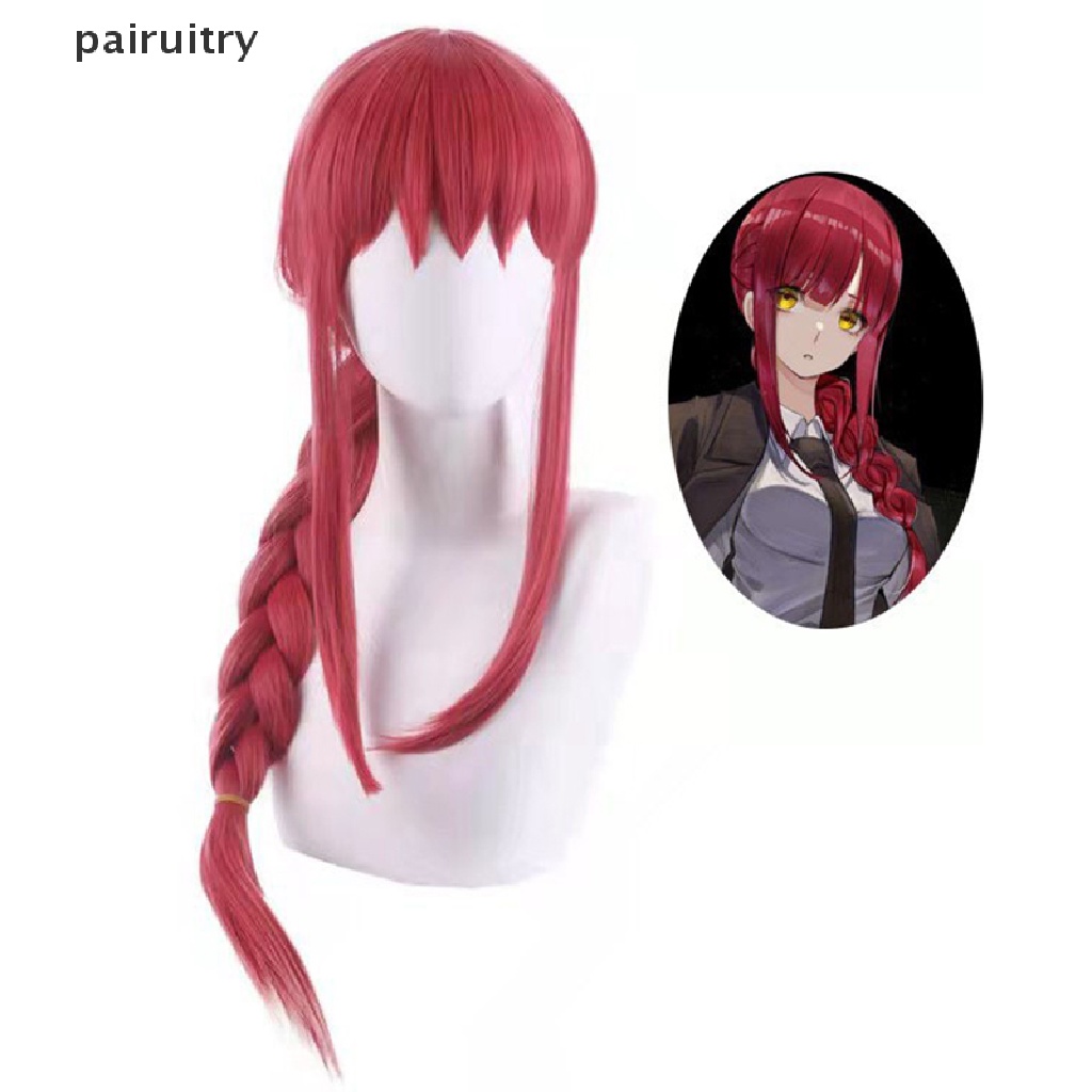 Prt Wanita Makima Anime Rantai Man Cosplay Panjang Braided Lurus Rambut Sintetis Halloween Merah Bermain Peran Pesta Wig Aksesoris PRT