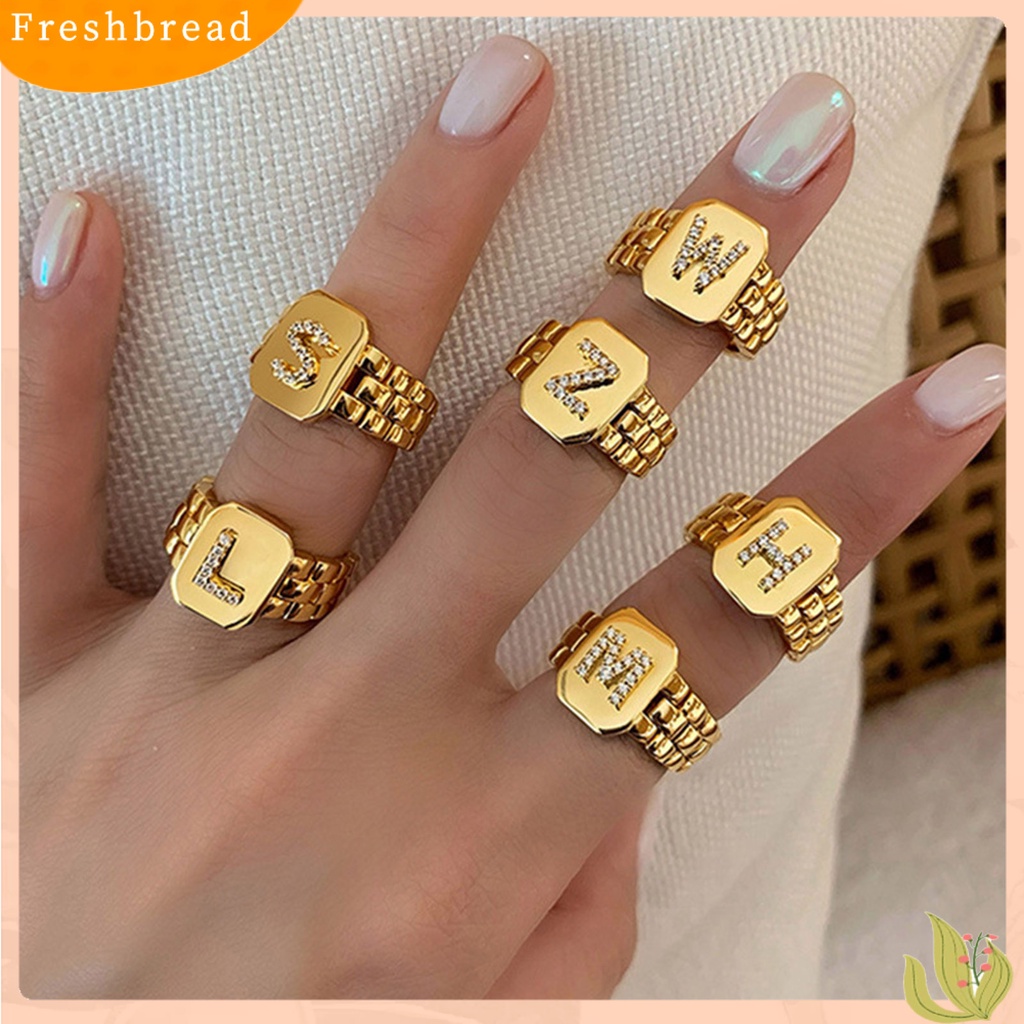 &lt; Freshbread &gt; Cincin Unisex Lebar Bukaan Dapat Disesuaikan Berlian Imitasi 26huruf Jari Cincin Perhiasan Aksesoris