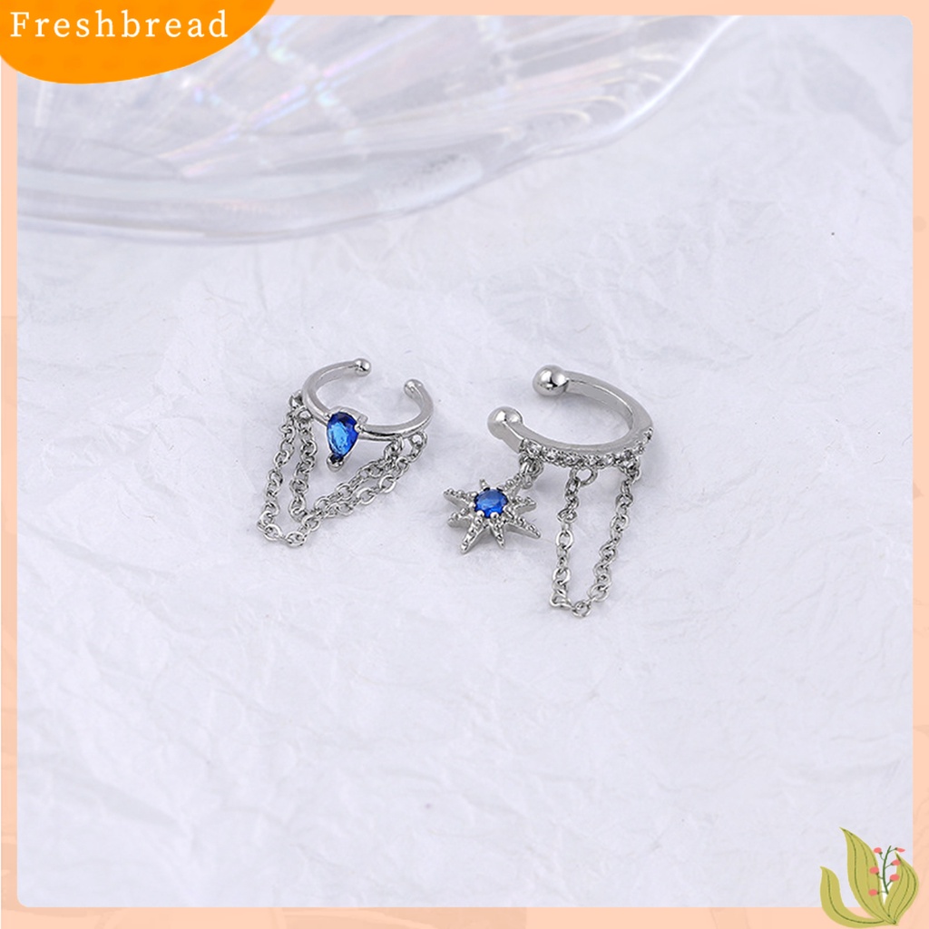 &lt; Freshbread &gt; 1Pc Klip Anting Bintang Geometris Kubus Zirconia Gaya Korea Rantai Rumbai Klip Telinga Untuk Pesta Perjamuan Pernikahan Prom