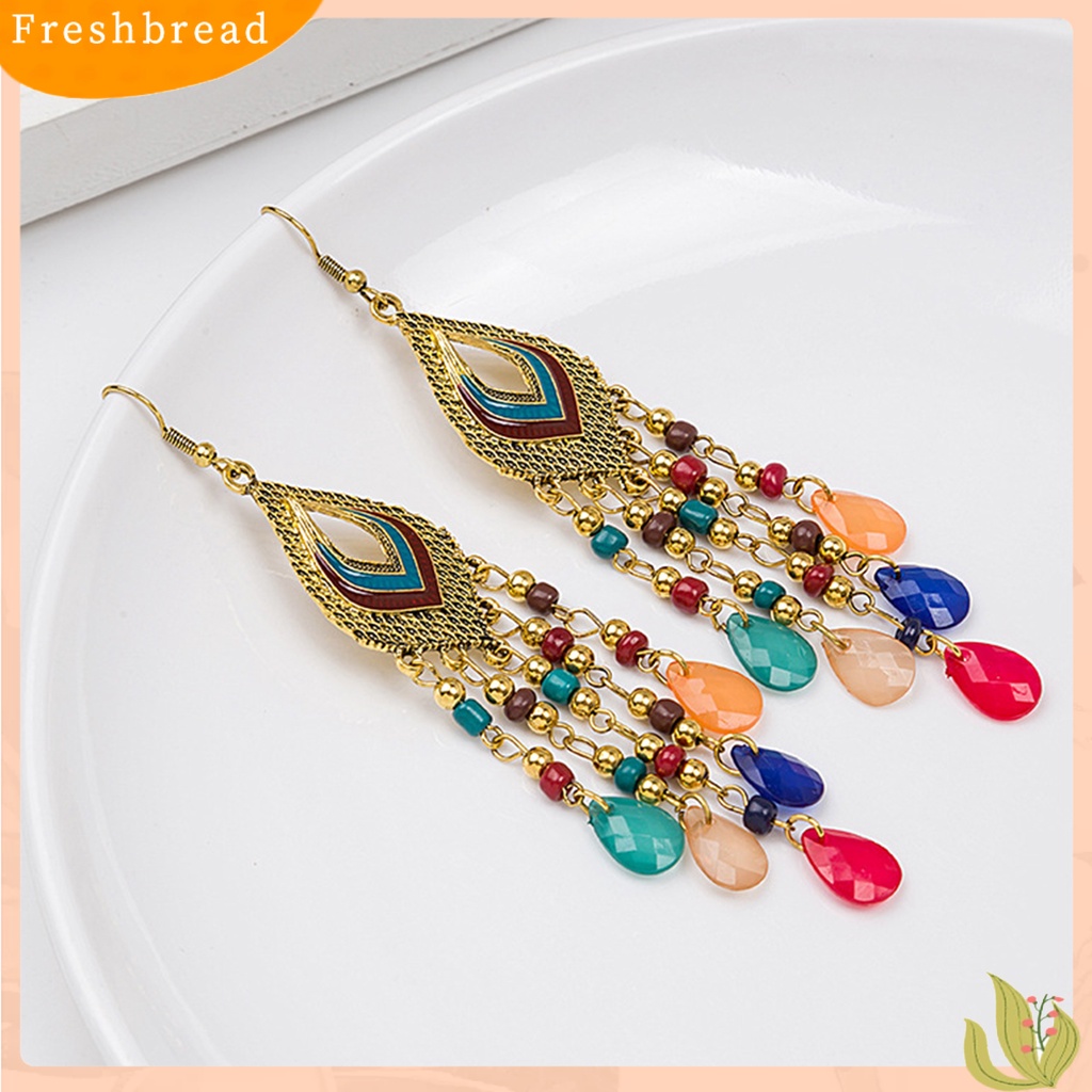 &lt; Freshbread &gt; 1pasang Anting Drop Gaya Cina Hias All-match Bohemian Vintage Hollow Anting Manik-Manik Panjang Untuk Pacaran