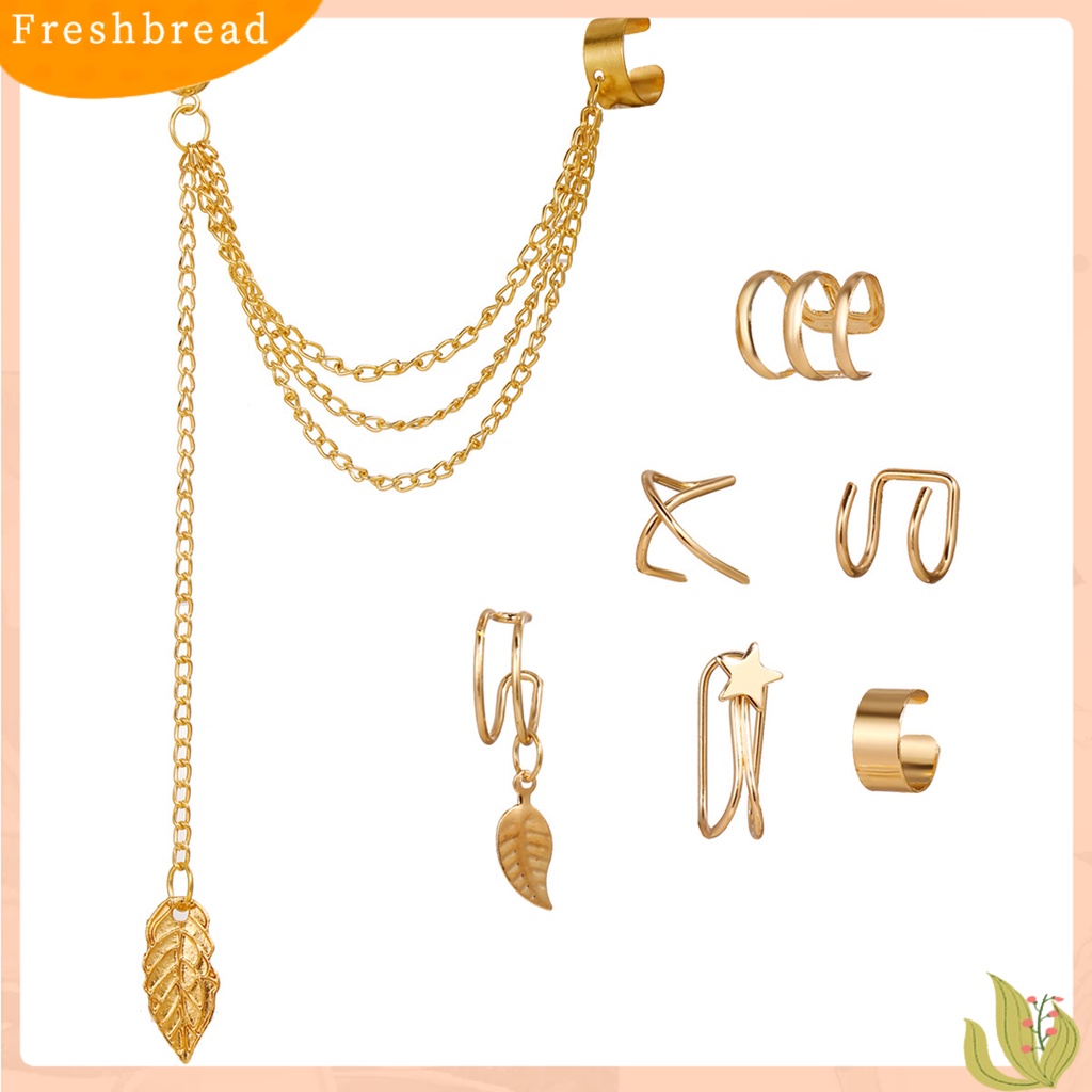 &lt; Freshbread &gt; 7pcs/Set Klip Telinga Set Warna Solid Bulat Gaya Hip-hop Bentuk Daun Anting Huggie Rumbai Panjang Untuk Pakaian Sehari-Hari