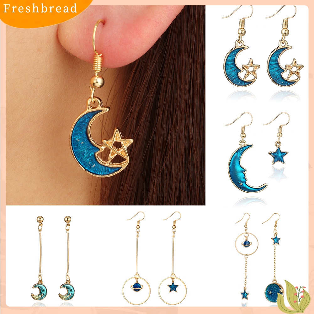 &lt; Freshbread &gt; Biru Matahari Bulan Bintang Rumbai Menjuntai Kait Telinga Wanita Fashion Anting Perhiasan Hadiah