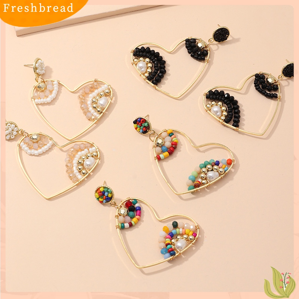 &lt; Freshbread &gt; Boho Wanita Manik-Manik Hati Besar Berongga Menjuntai Telinga Stud Anting Pesta Club Earrings