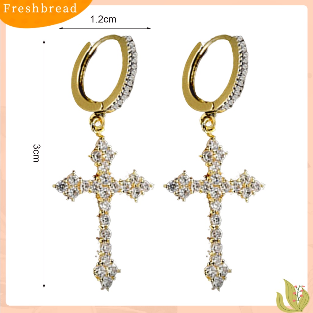 &lt; Freshbread &gt; 1pasang Wanita Menjuntai Anting Besar Lengket Berkilau Cubic Zirconia Bentuk Salib Drop Earrings Hadiah Ulang Tahun