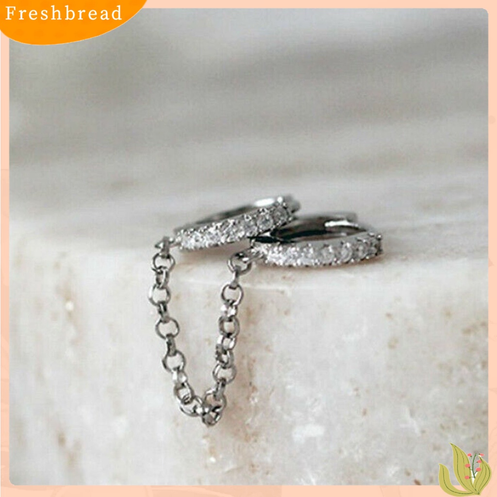 &lt; Freshbread &gt; 1pasang Anting Hoop Rantai Rumbai Cubic Zirconia Wanita Shiny Double Ear Piercing Lingkaran Earrings Perhiasan Aksesoris