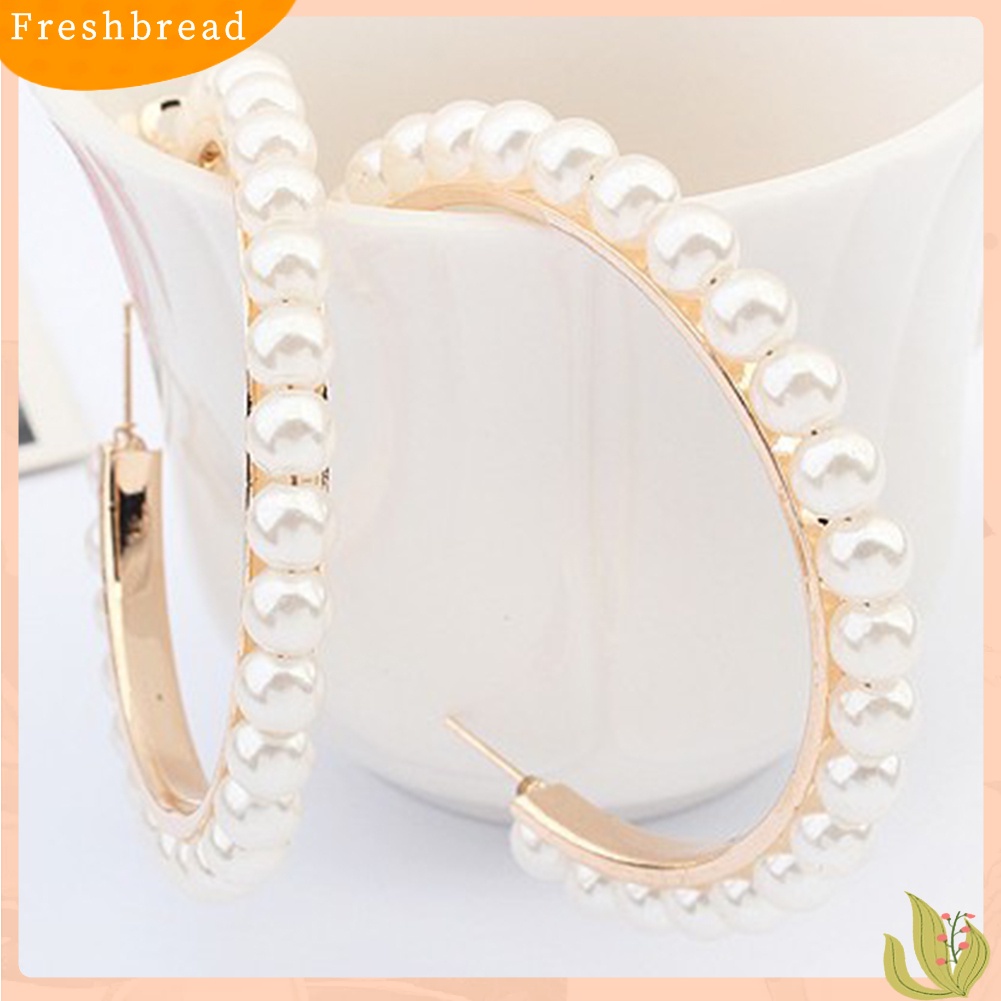 &lt; Freshbread &gt; Fashion Wanita Mutiara Imitasi Hias Lingkaran Besar Pernyataan Hoop Earrings Jewelry