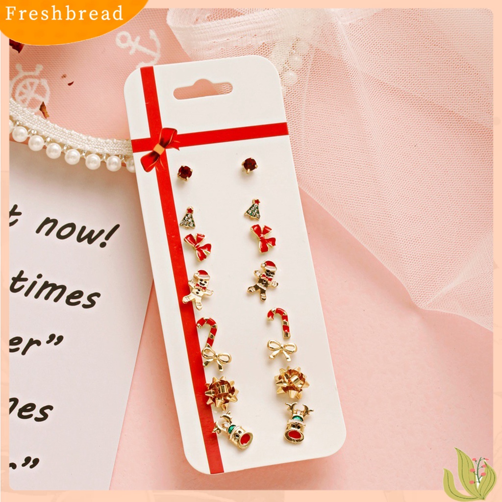 &lt; Freshbread &gt; 8pasang/Set Ikatan Simpul Berlian Imitasi Meriah Wanita Anting Pohon Natal Tebu Snowman Stud Earrings Klasik Perhiasan