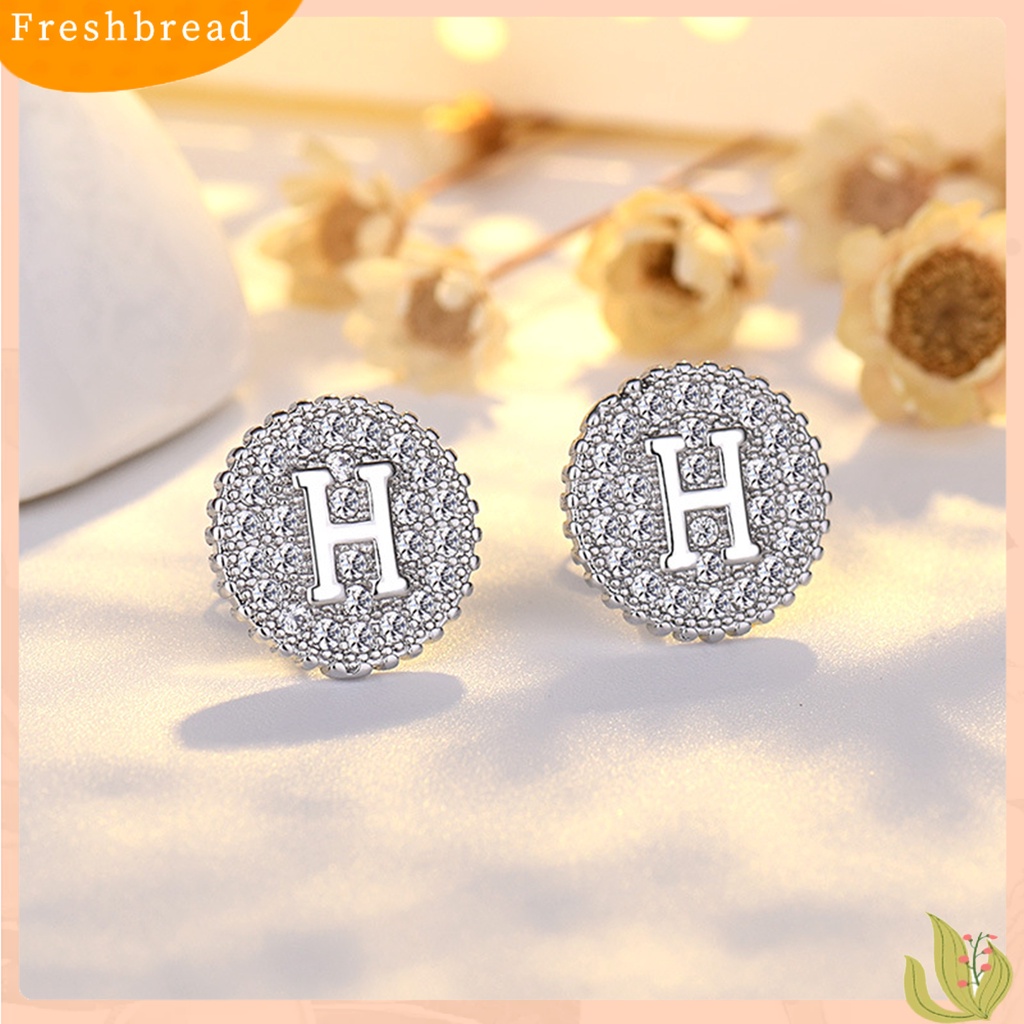 &lt; Freshbread &gt; 1pasang Ear Studs Round Cool Golden/Silver Color Mini Sparkling Rhinestone H Huruf Wanita Anting Perhiasan Fashion