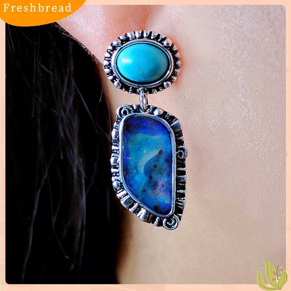 &lt; Freshbread &gt; Vintage Wanita Faux Turquoise Hias Geometris Menjuntai Telinga Stud Anting Perhiasan