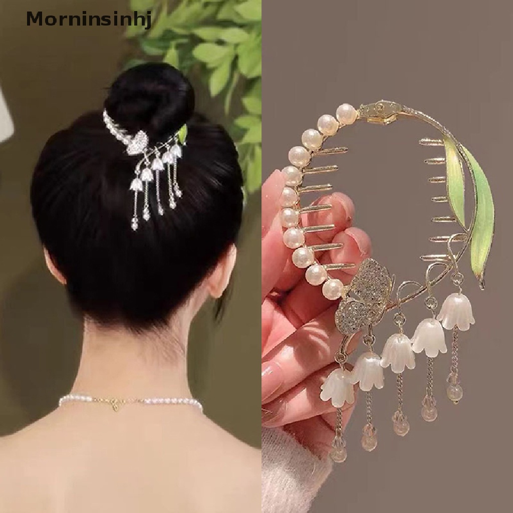 Mornin Fashion Anggrek Rumbai Hair Claw Clamp Berlian Imitasi Pearl Claw Clip Untuk Wanita id