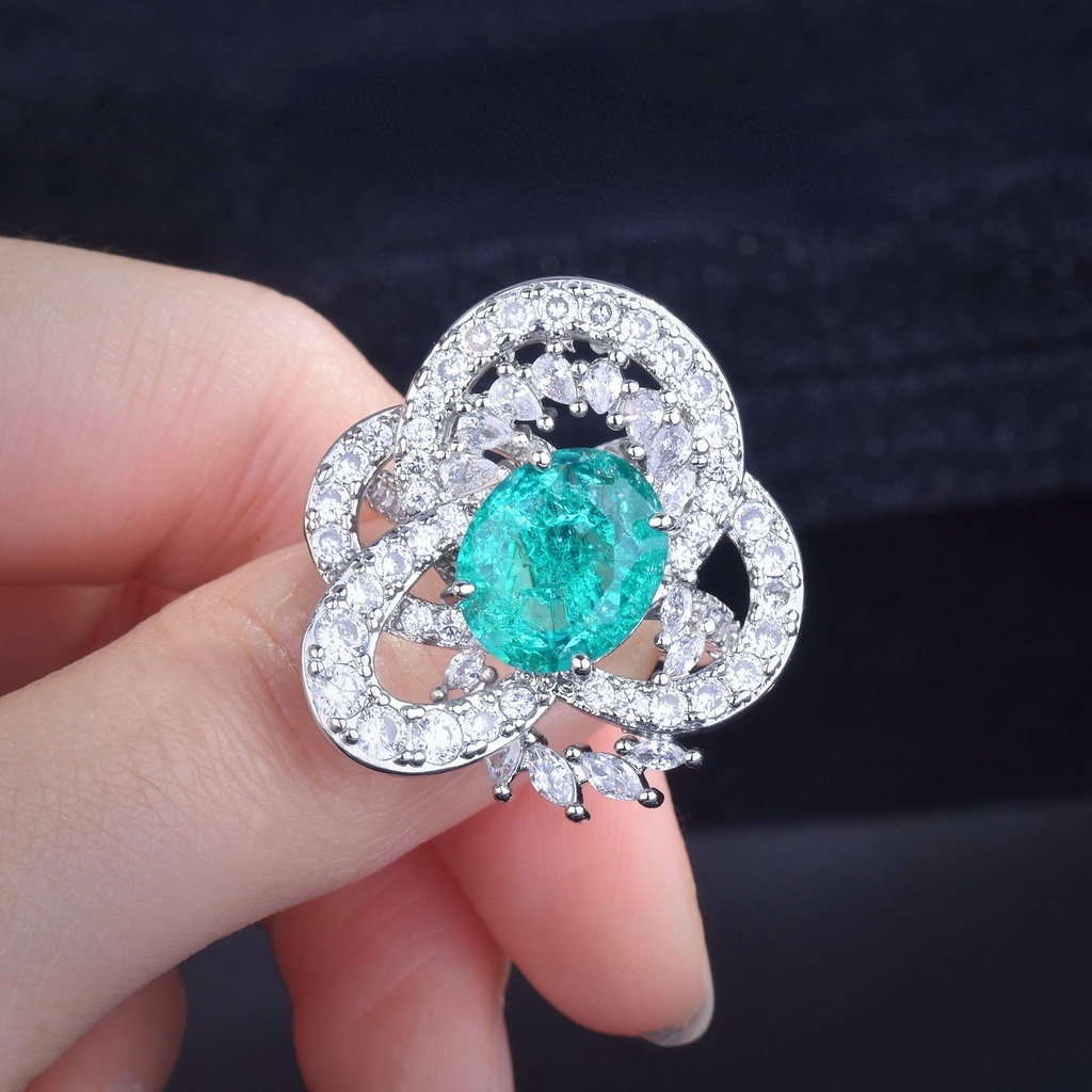 Goldkingdom Fashion Perhiasan Aksesoris Ready Stock Wharton Hijau Kupu-Kupu Efek Zamrud Cincin Cahaya Mewah Luxury Sense Paraiba Berlian Hijau Royal Blue INS Wanita Cincin