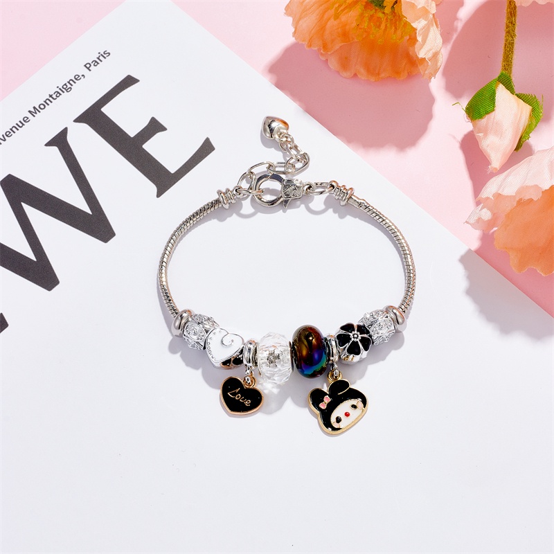 XiaoboACC Anime Kartun Melody Kuromi Liontin Manik-Manik DIY Stainless Steel Terbuka Dapat Disesuaikan Gelang