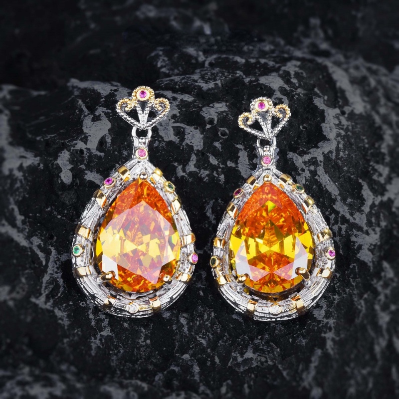 Goldkingdom Fashion Perhiasan Aksesoris Ready Stock Itali Vintage Istana Feng Shui Drop Super Mencolok Kuning Berlian Liontin Pear Berbentuk Anting-Anting Warna Ganda Cincin Emas