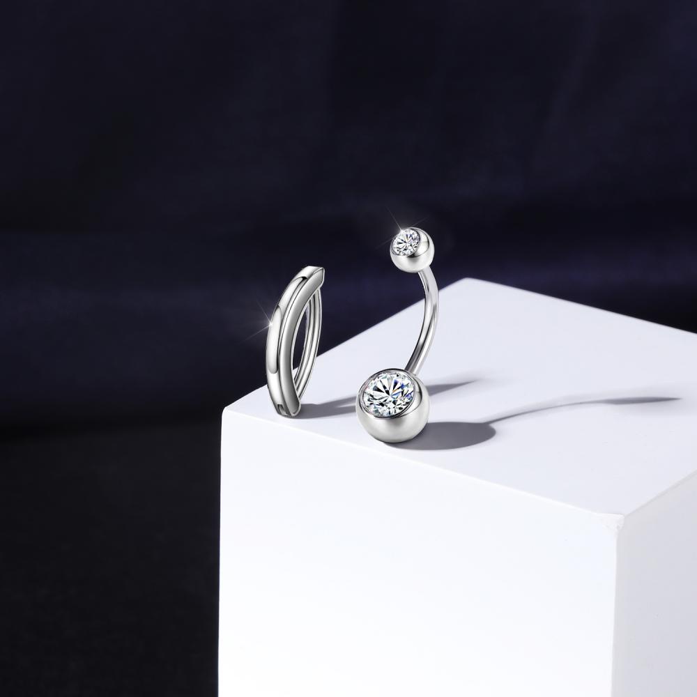 1pc925 Sterling Perak T Bentuk Pusar Cincin Doule Kristal Pusar Tindik Punk Salib Terbalik Melengkung Perut Pusar Rings
