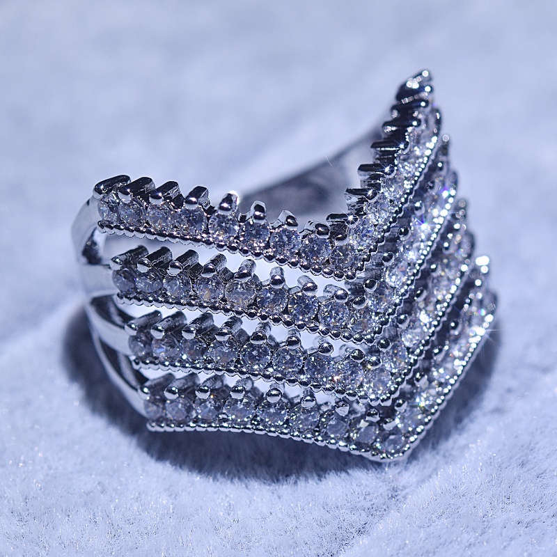 Goldkingdom Aksesoris Perhiasan Fashion Ready Stock Tiga Ply V-shaped Full Diamond Micro Set Ultra Flash AAA Zircon Engagement Ring Female