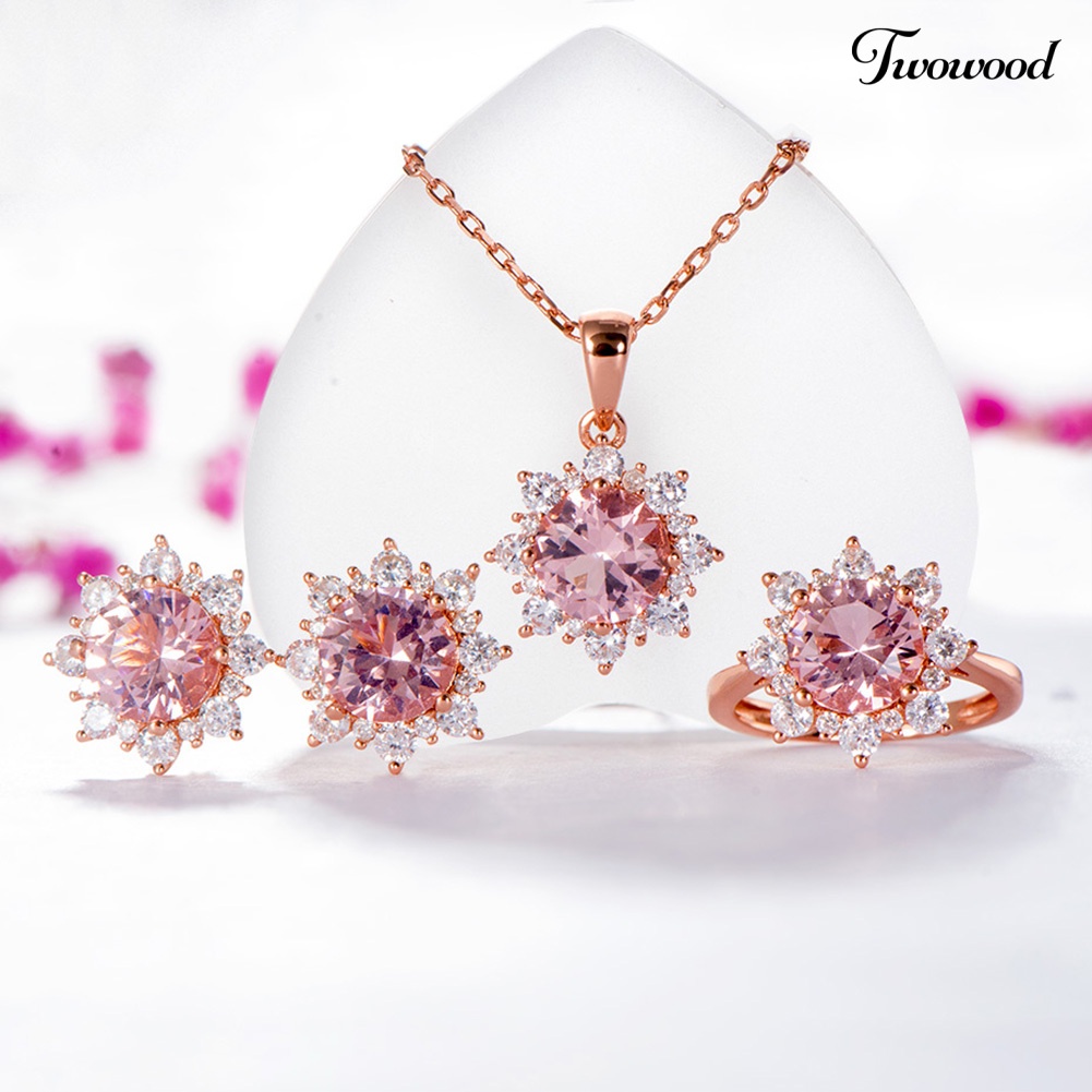 Twowood Wanita Cubic Zirconia Snowflake Pendant Kalung Stud Anting Cincin Set Perhiasan