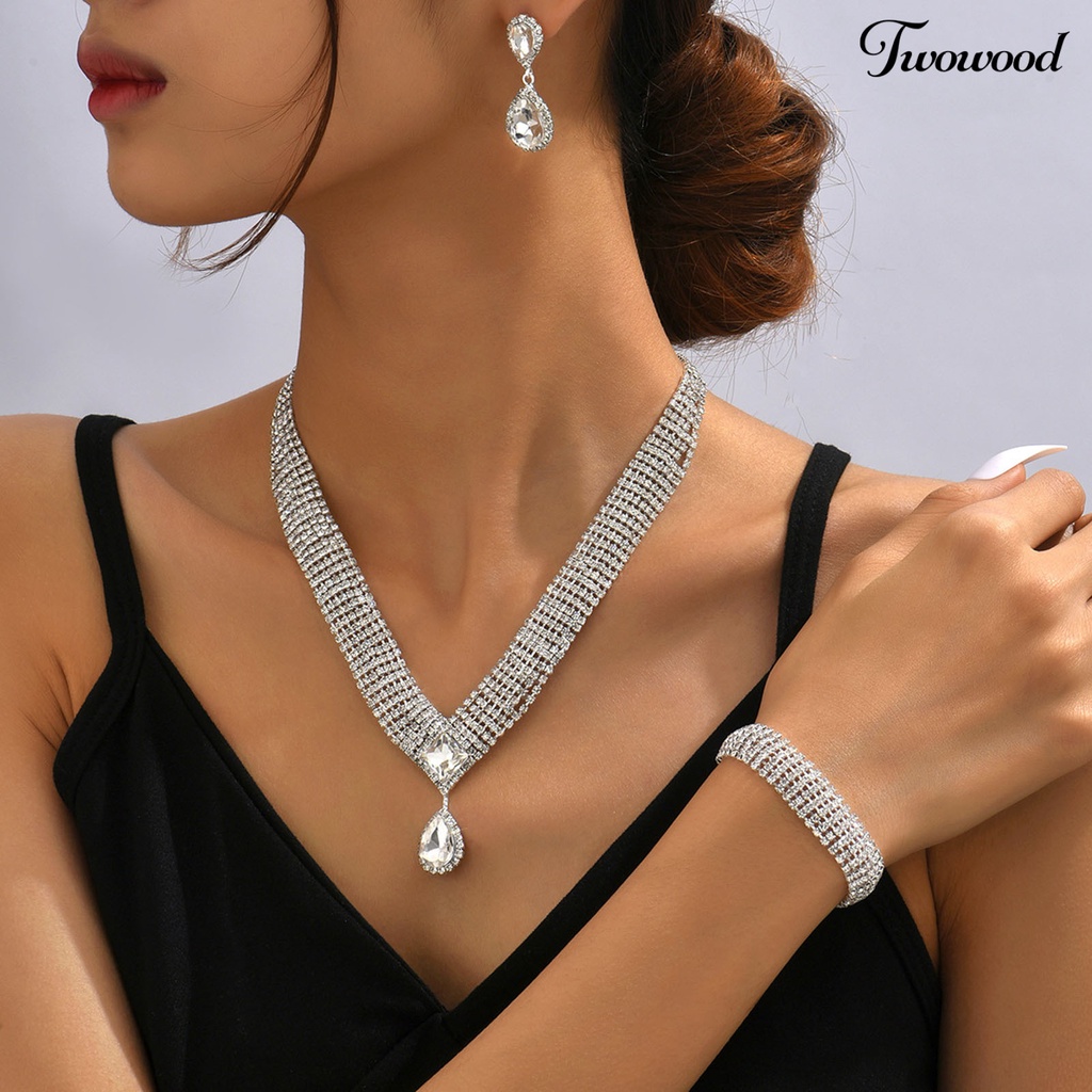Twowood 4Pcs/Set Wanita Kalung Set High Gloss Dress Up Hypoallergenic Berlian Imitasi Bersinar Terang Kilau Set Perhiasan Aksesori