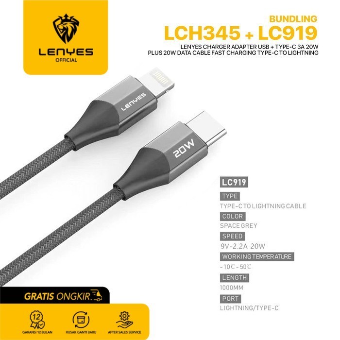 Lenyes LCH344 + LC919 Charger Handphone + Data Cable Paket Bundle original kabel cable casan travel charger tc android usb charger micro usb type c batok kepala charger