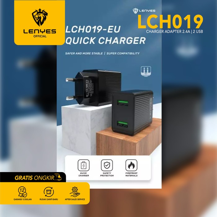 Kepala Charger LENYES LCH019 12W 2.4A 2 USB Free Kabel Data Original - Micro USB original kabel cable casan travel charger tc android usb charger micro usb type c batok kepala charger