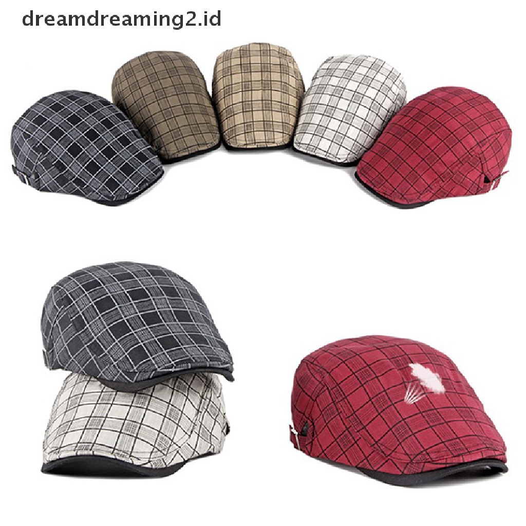 (hot) Stripe Lattice Beret Hat Wanita Pria Kotak-Kotak Visors Duckbill Herringbone Flat Cap//