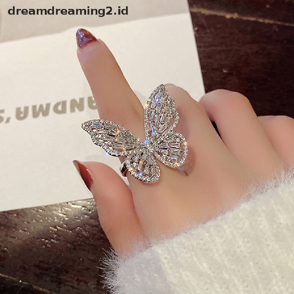 (hot) Cincin Kupu Zirkon Permata Batu Pembukaan Berlebihan Cincin Buku Jari Besar//