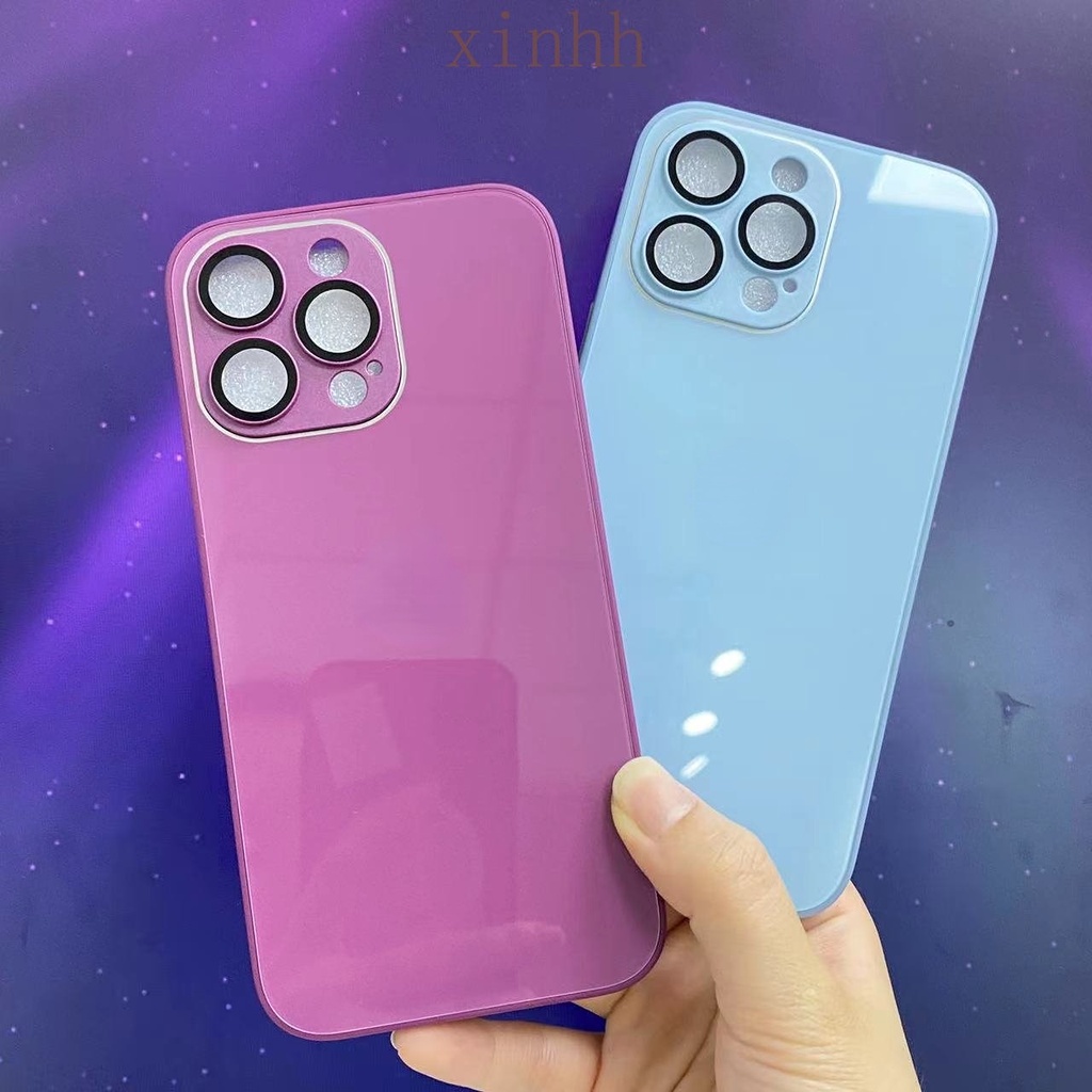 IPHONE Casing Ponsel Kaca Biru Mengkilap Jauh Puncak Untuk Iphone14 13 12 11 Pro Max 14Plus Lensa Perlindungan Diperkeras Casing Belakang