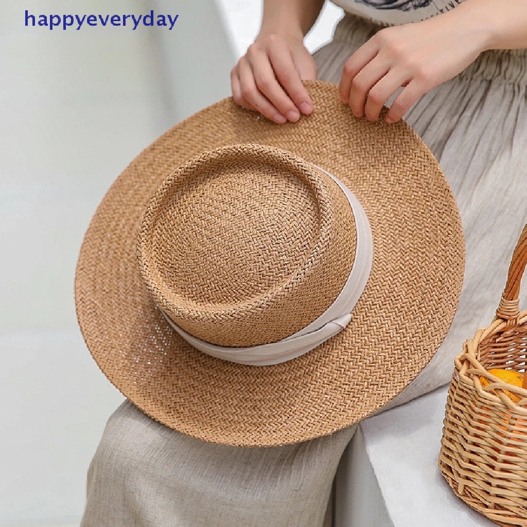 [happy] Natural Straw Hat Topi Pantai Pria Topi Cekung Datar Pelindung Visor Topi Perahu Matahari [ID]