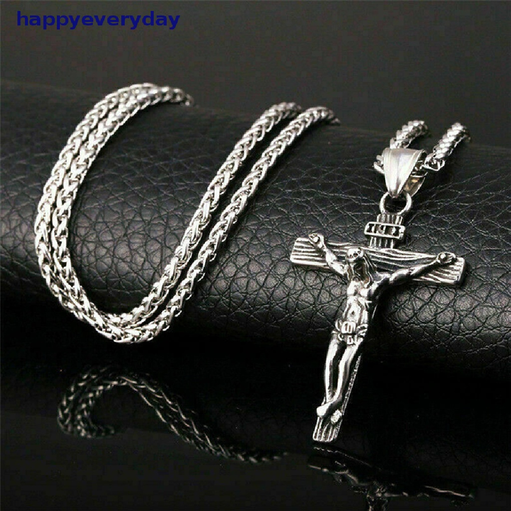 [happy] Mens Silver Stainless Steel Rantai Kalung Liontin Salib Yesus Kristus Salib [ID]