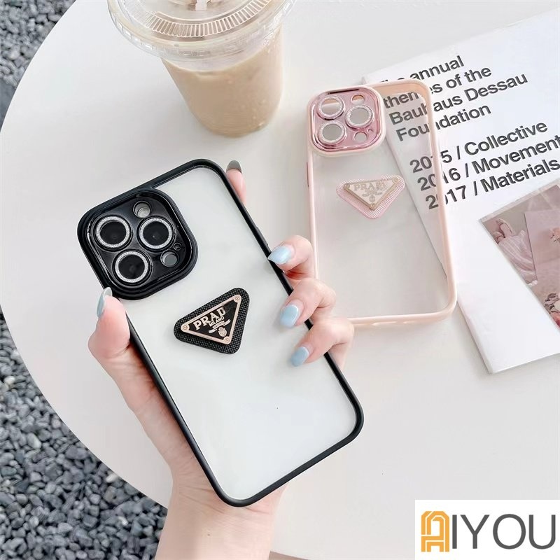 IPHONE Segitiga Pradaa Berbentuk Glitter Berlian Perlindungan Lensa Transparan Case Untuk Iphone13 11 12 14 Pro Max Plus Hard Plating Phone Case