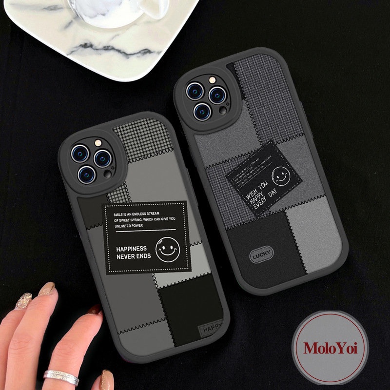 Case Kompatibel Untuk iPhone 7Plus 11 13 12 14 Pro Max XR 6s 6 7 8 Plus X XS Max SE 2020 Pasangan Lucu Smiley Jahitan Ins Fashion Label Hitam Lembut Tpu Phone Cover