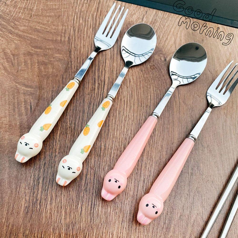 Chookyy Set Alat Makan Portable Kelinci Dengan Kotak Penyimpanan Stainless Steel Sumpit Garpu Sendok Peralatan Makan