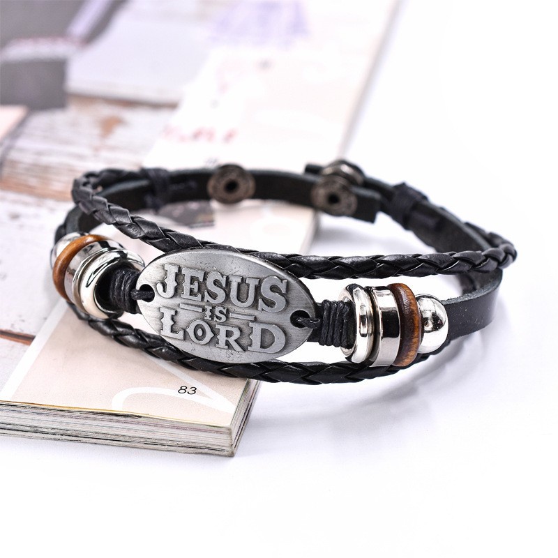 [X C Gelang] Baru Lord Jesus Gelang Kulit Hitam Vintage Hip Hop Punk Gelang Kulit Lengan Manik-Manik Multilayer Zinc Alloy Anyaman Gelang