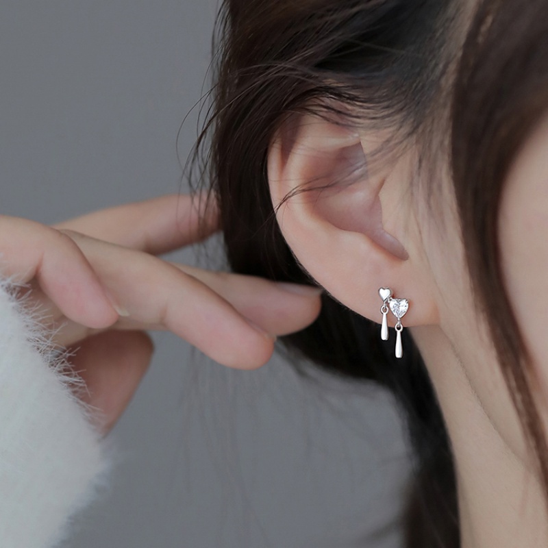 Roselife Korea s925 Perak Zirkon Mengkilap Terkait Jantung Stud Anting Untuk Wanita Perempuan Elegan Cinta Ganda Anting-Anting Perhiasan Aksesoris