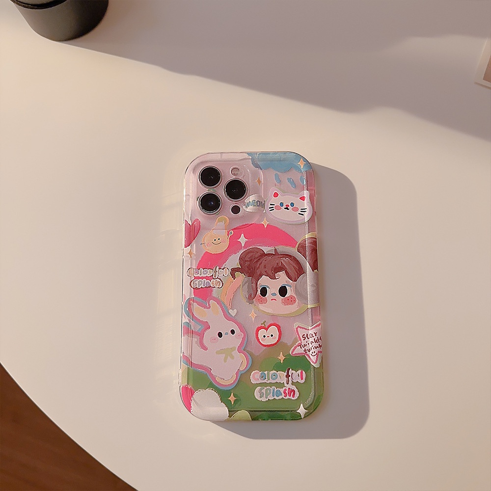 IPHONE Ins Lucu Headphone Rainbow Girl Kartun Silikon Case Untuk Iphone14 11 12 13 PRO MAX Casing Cover Pelindung AT0161