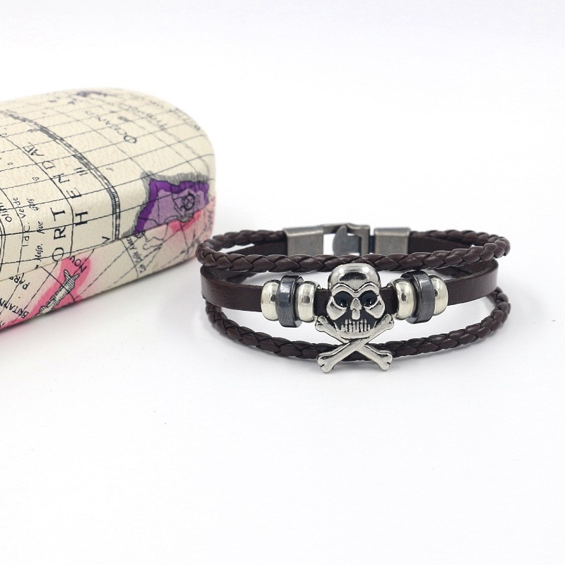 [Z H Perhiasan] Vintage Rock Skull Gelang Kulit Asli Fashion Pria Dan Wanita Anti Karat Multilayer Manik-Manik PU Gelang Punk Pesta Perhiasan Aksesoris