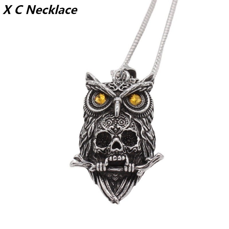 [X C Kalung] Perak Retro Burung Hantu Tengkorak Baja Titanium Liontin Kalung Desain Kecil Punk Hip Hop Aksesoris Fashion Pria Dan Wanita