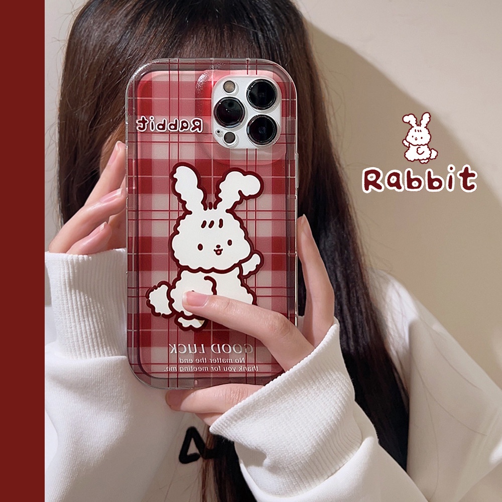 IPHONE Cover Casing Ponsel Transparan Motif Kotak-Kotak Kartun Kelinci Vintage Merah Untuk Iphone11 12 13 14 PLUS PRO MAX