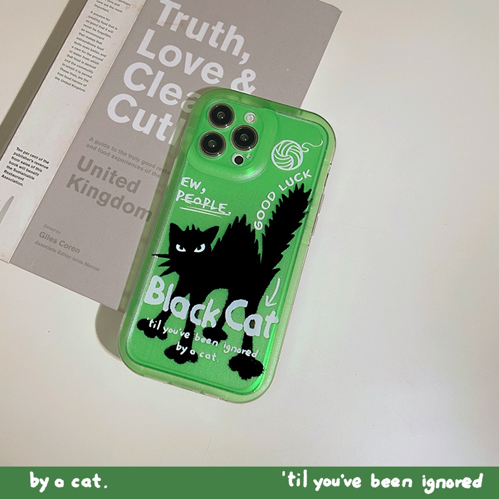 IPHONE Angry Fuzz Black Cat Green Shockproof Soft Phone Case Cover Untuk Iphone11 12 13 14 PLUS PRO MAX SE 2020 Pelindung